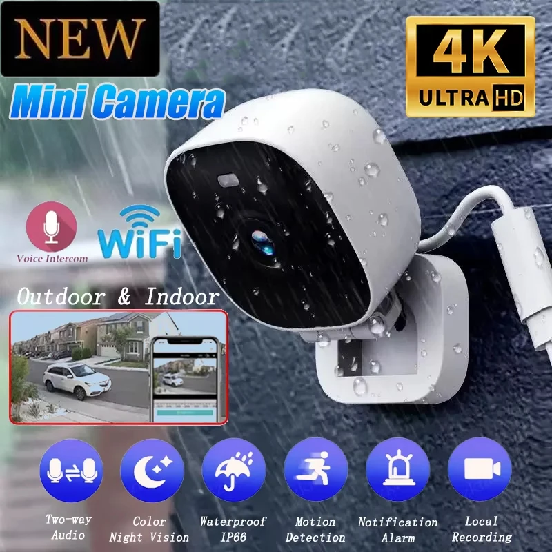 

Новая мини-камера безопасности 4K, Wi-Fi монитор, IP65, водонепроницаемая, полноцветная, ночного видения, обнаружение движения, наблюдение с 2-сторонним звуком