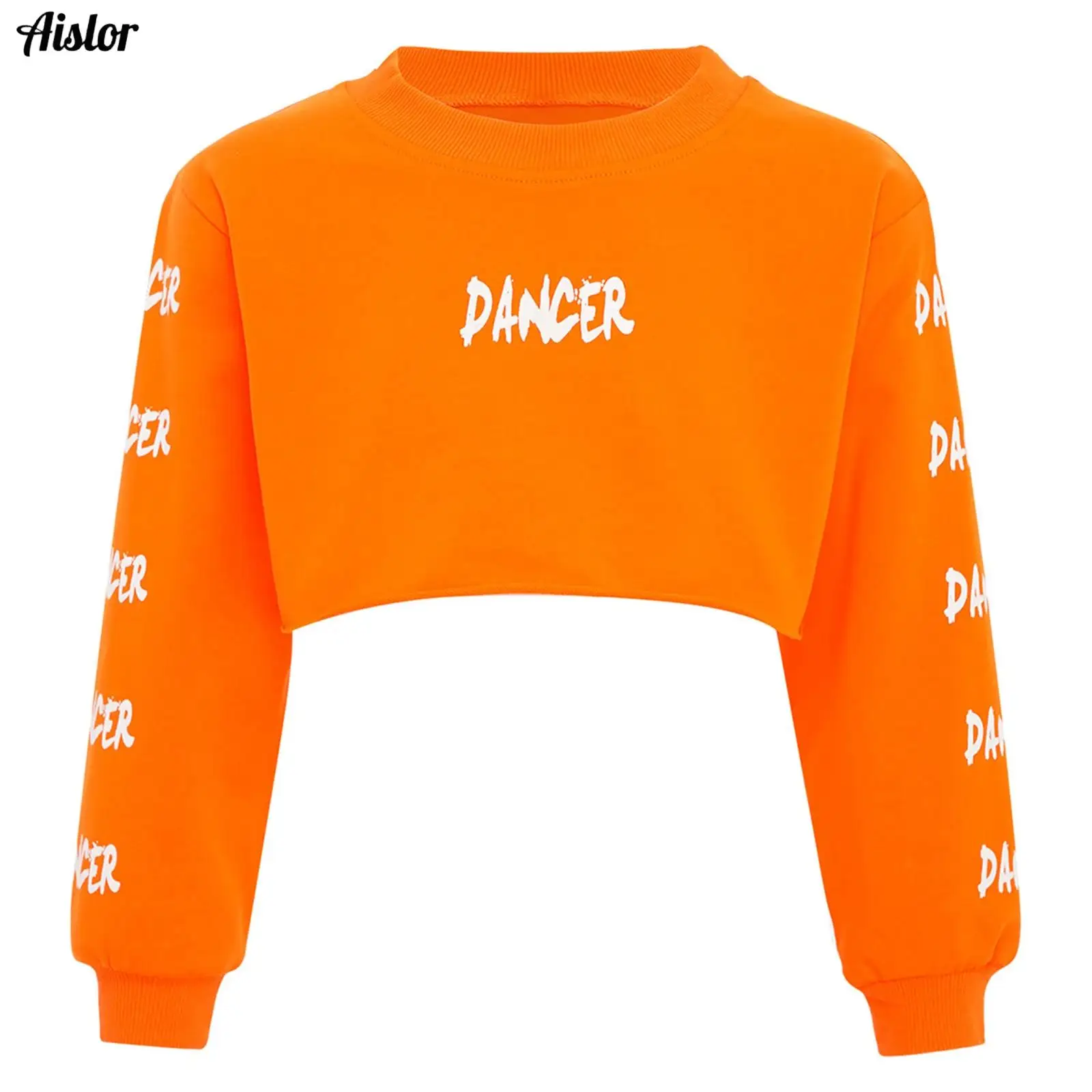 

Kids Girls Hip-Hop Jazz Dance Top Spring Autumn Sweatshirt Round Neck Long Sleeve Letter Printed Cropped Top for Skateboarding