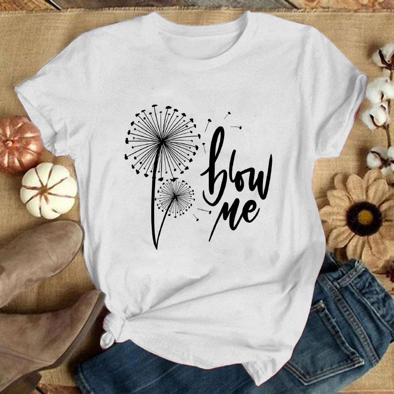 

Funny Dandelion Blow Me Letter Printed T-Shirts For Women Summer Short Sleeve Round Neck Cute Dandelion Blow Me Loose T-Shirt