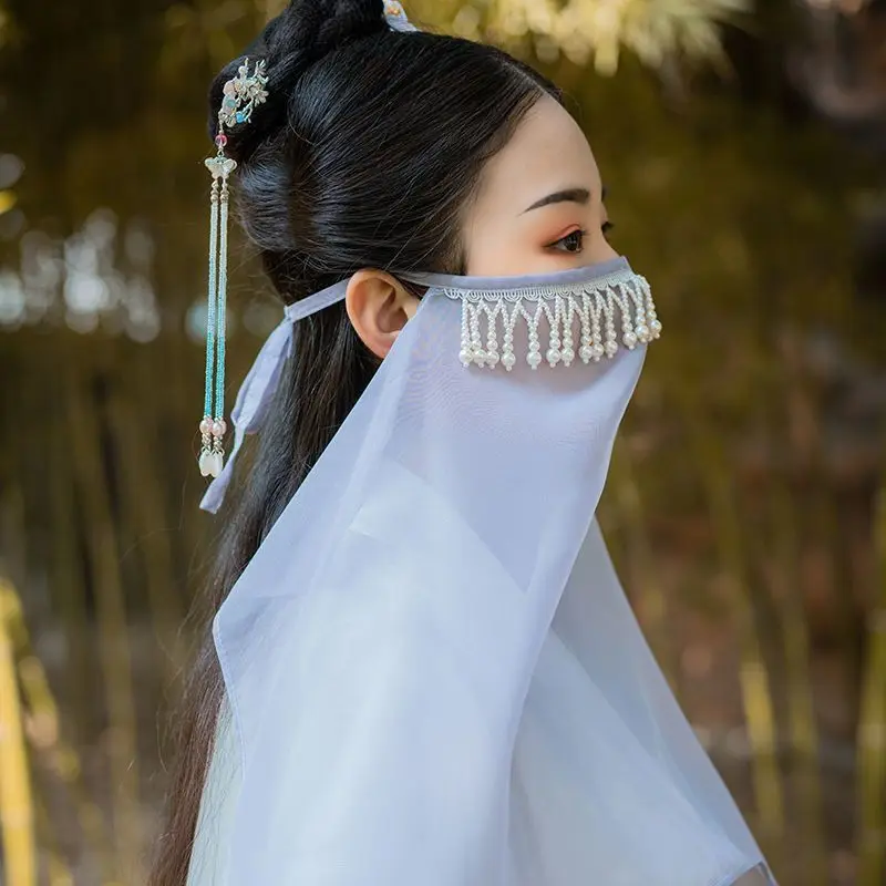 Antyczne damskie koraliki Tassel welon szyfonowa zasłona twarzy Hanfu