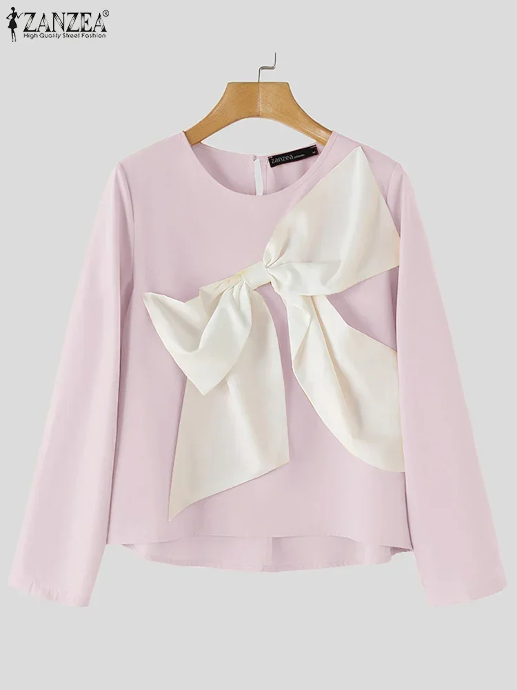 ZANZEA Mode Lange Mouw Blouse 2023 Herfst Vrouwen Koreaanse Tunieken Casual Strik Blusas Sweety Ronde Hals Kleur Patchwork Tops