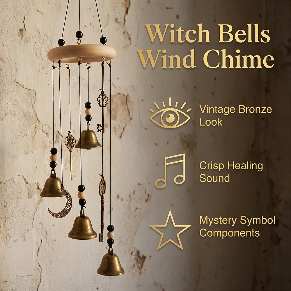 Mystic Handcrafted Wood Ring Witch Bell Wall Decor Retro Metal Wind Chime Bohemian Hanging Pendant for Garden Home Halloween