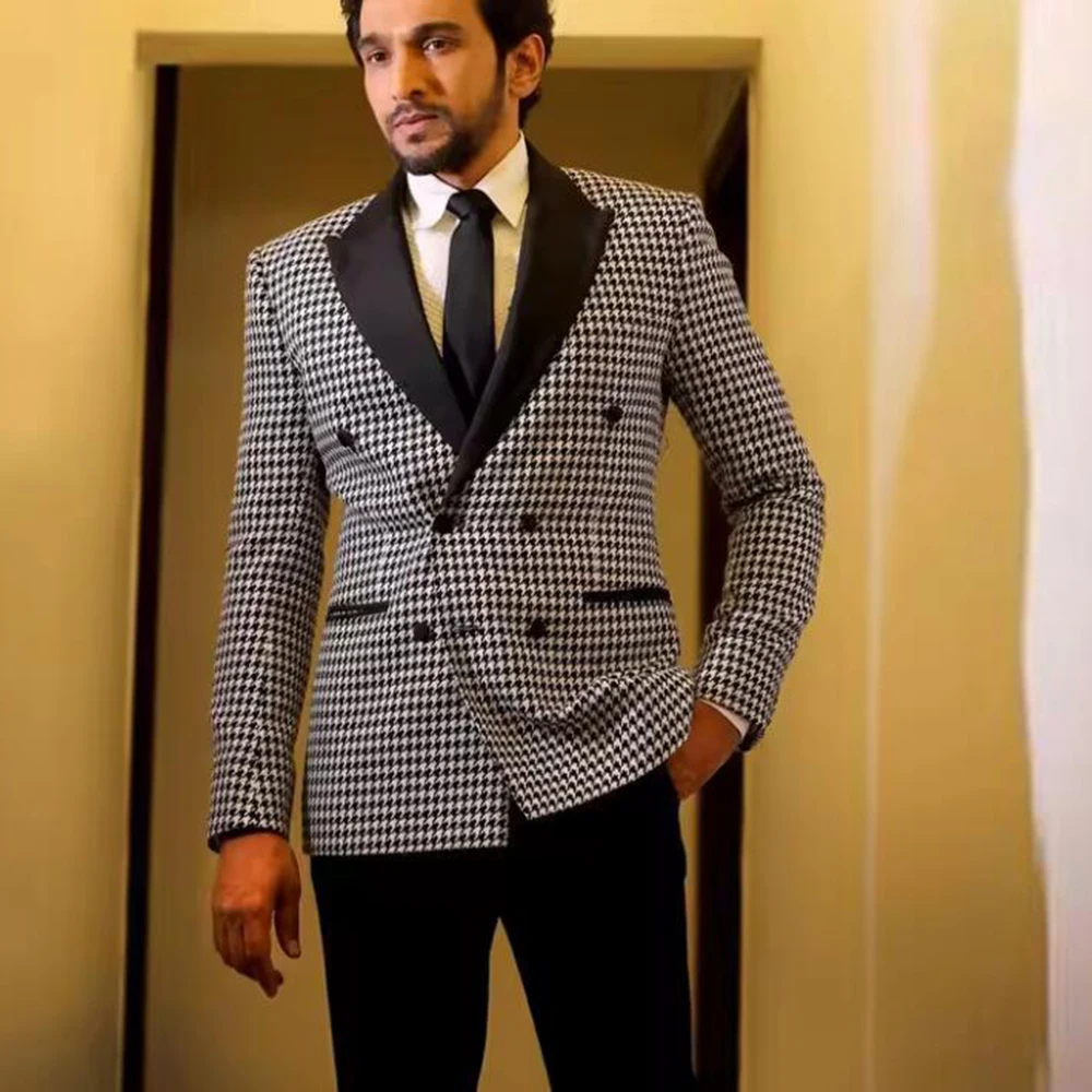

Elegant Houndstooth Plaid Suits Men 2 Piece Double Breasted Jacket Pants Customized Smart Casual Blazers Outfits Groom Tuxedos