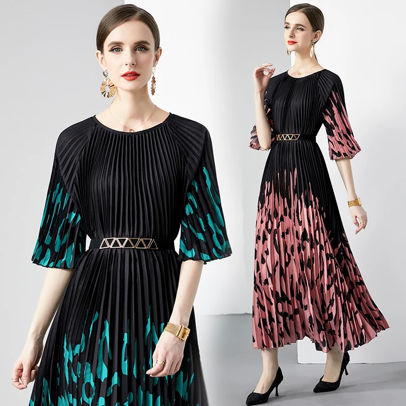 

Miyake New Summer Pleated Print Long Dress Women O-Neck Lace-up Belt Loose Large Size Vestidos Vintage A-Line Dresses 2023