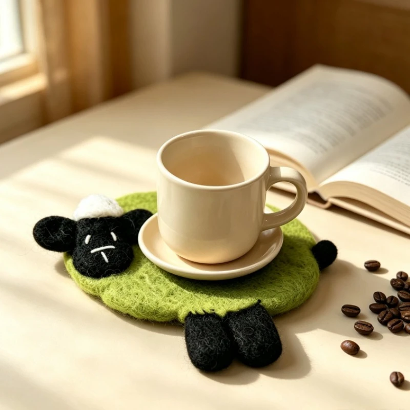 Nepalese Handmade Cute Cartoon Sheep Felt Coasters, Goat Hair Insulation Pads, Placemats, Cultural Gifts
