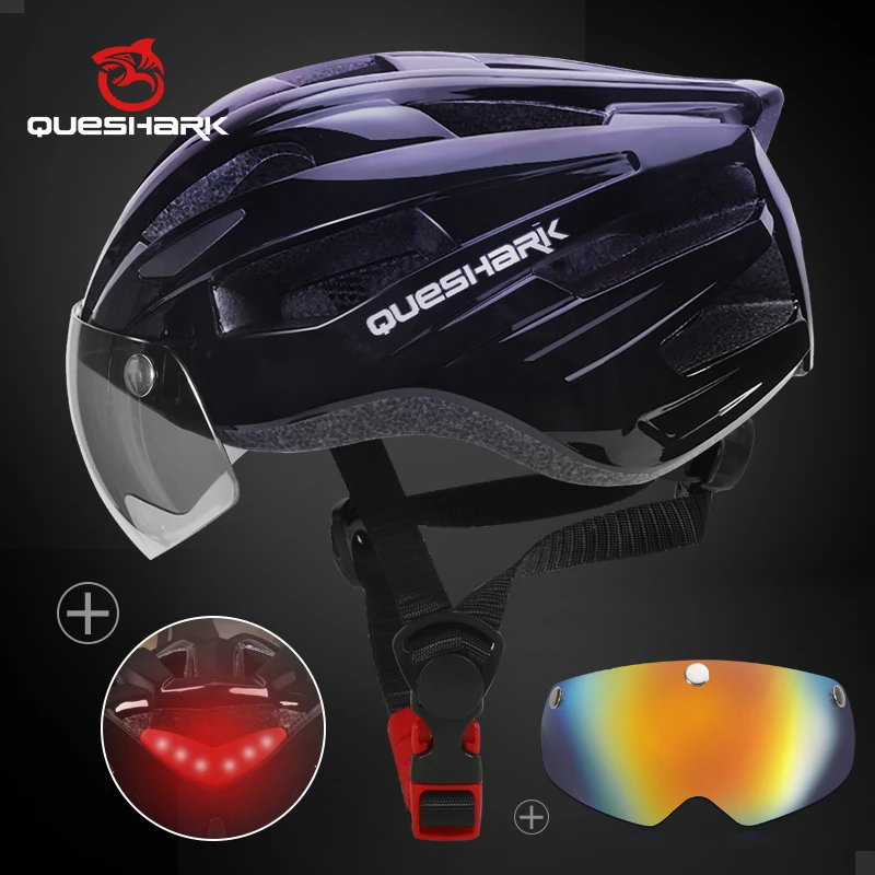 QUESHARK Men Women Ultralight Cycling Helmet Led Taillight MTB Road Bike Bicycle Motorcycle Riding Removable Lens Safely Cap