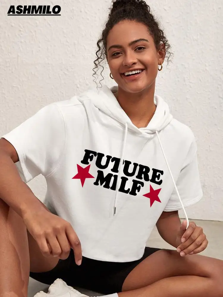 

Women Clothing Y2K Future Milf Stars High Street Harajuku Retro Fashion Casual Print Short Sleeve Hooded Tops Femme T-shirts