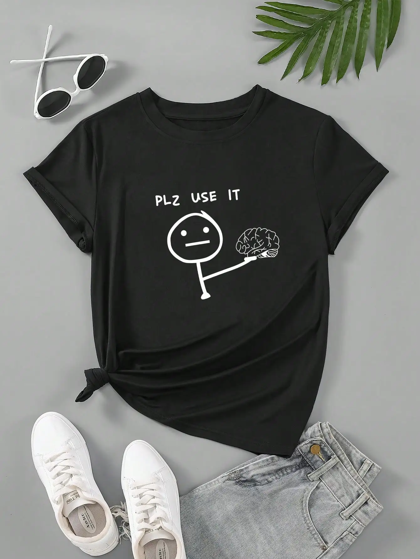 Top casual plus size adornado com estampa engraçada de cérebro para uso diário