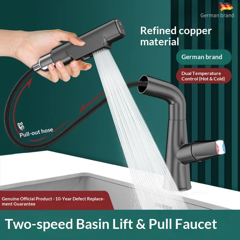 

Black Pull-Out Bathroom Faucet, Liftable 360° Swivel Mixer Tap with 2 Water Modes, Hot & Cold Control Solid Brass Body