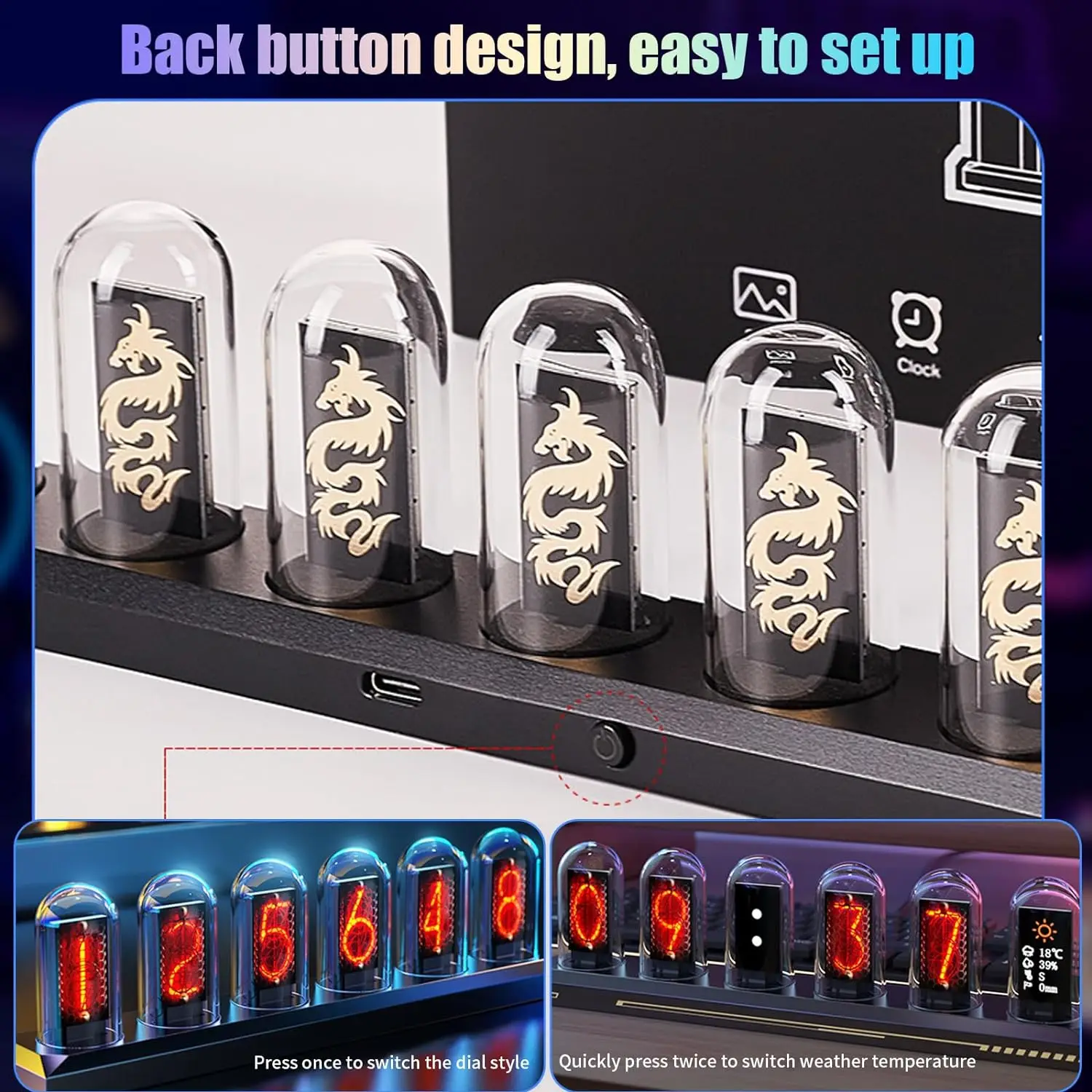 Nixie-Röhrenuhr mit IPS-Farbbildschirm, RGB-Vollfarb-Neon-Glühröhre, 3-Lichtmodi, Zeitfotodisplay für die Desktop-Dekoration – Detail 9