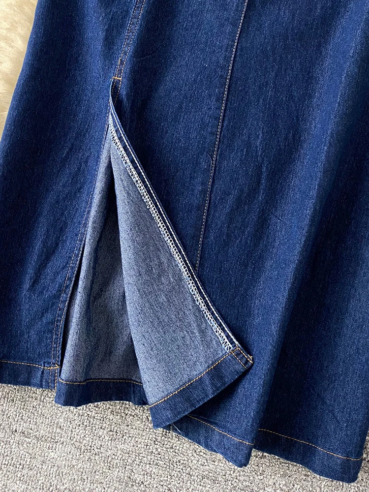 summer fashion Split denim dress package hip puff sleeve single-breasted women slim Square collar jeans dress