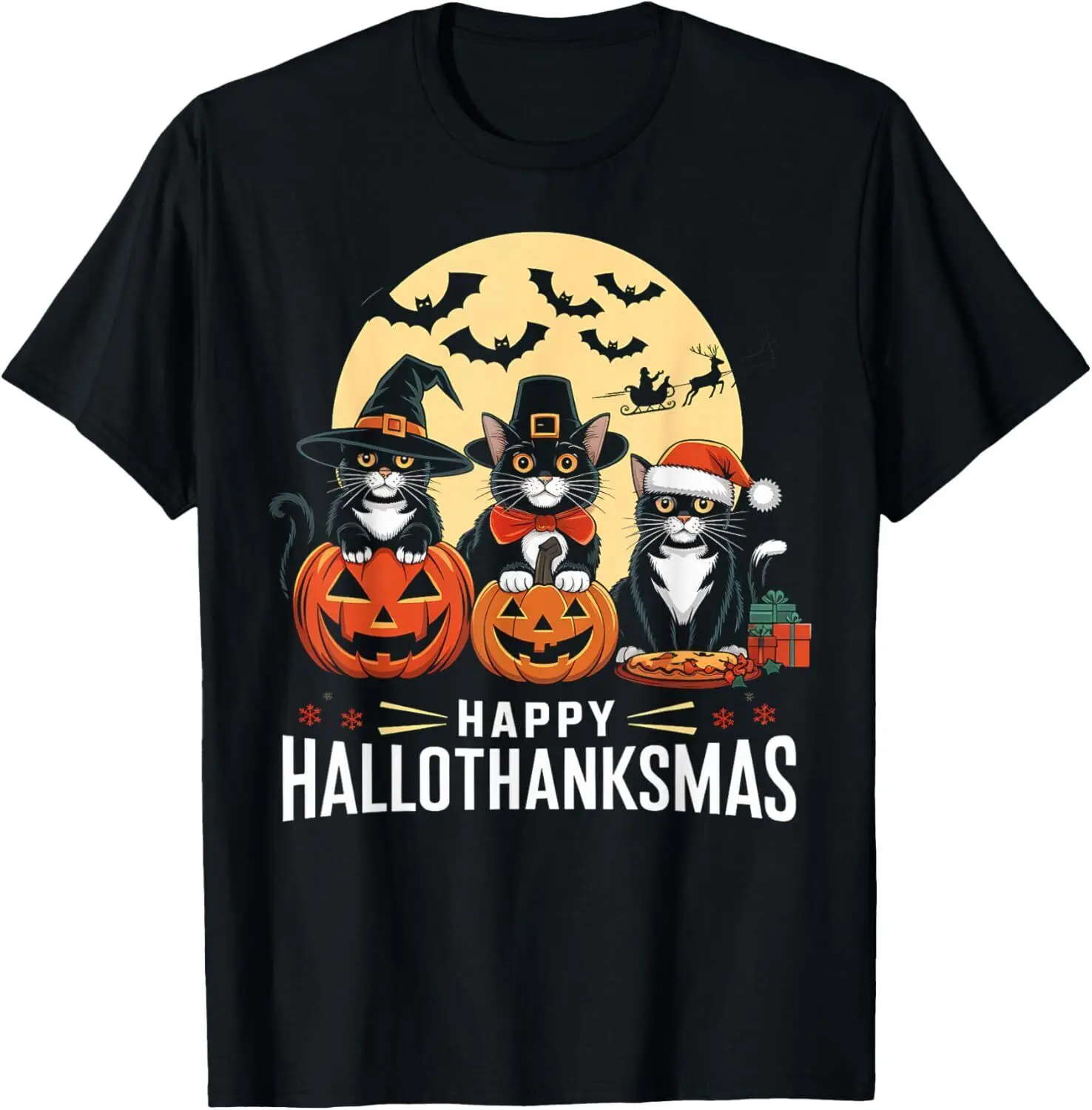 Hallothanksmas Pumpkin Cat Thanksgiving Halloween Christmas T-Shirt