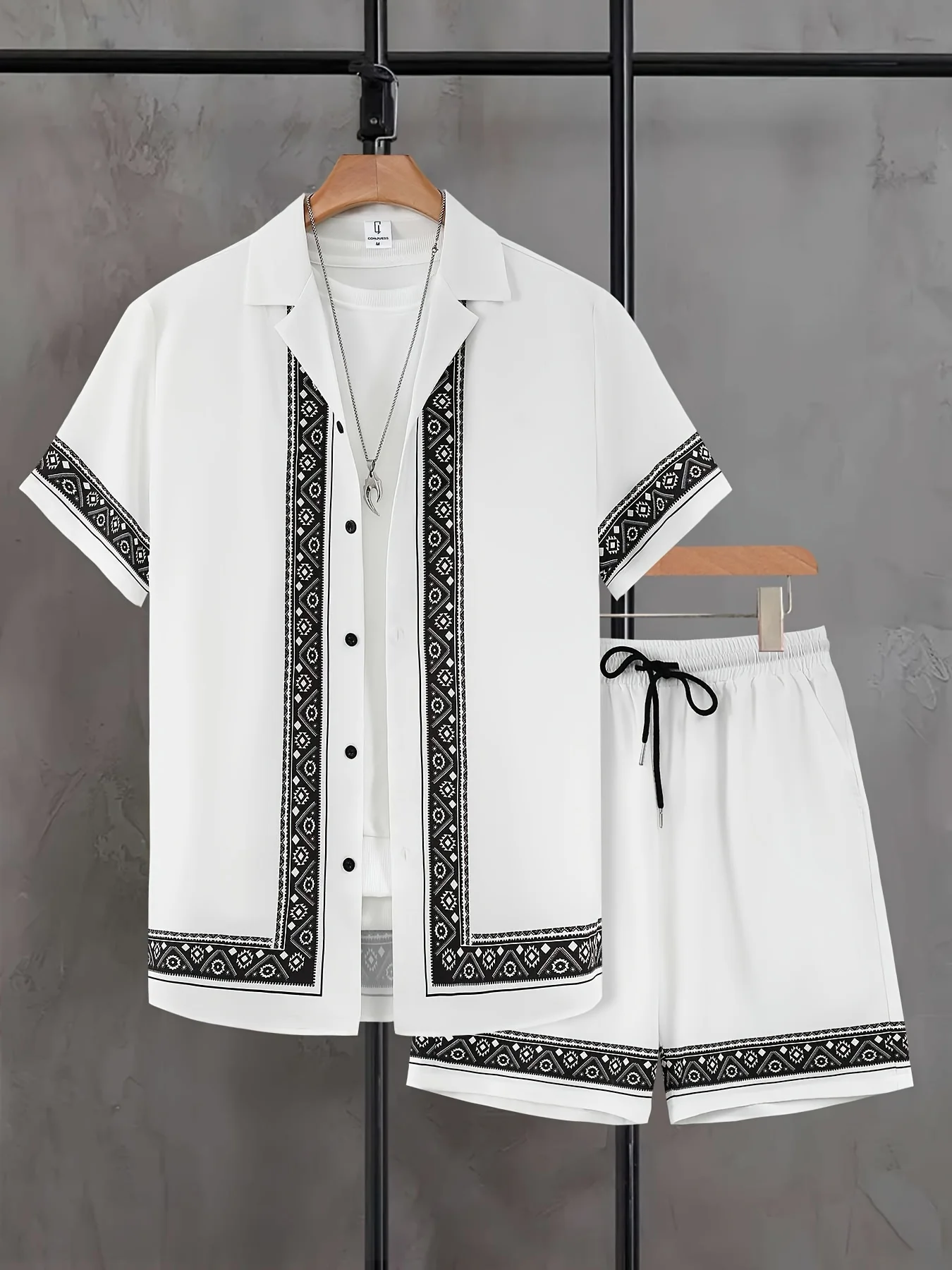 Ethnic Style Men's 2pcs Set Geometric Print Casual Outfits Short Sleeve Button Lapel Shirt Drawstring Shorts Summer Fashion Suit