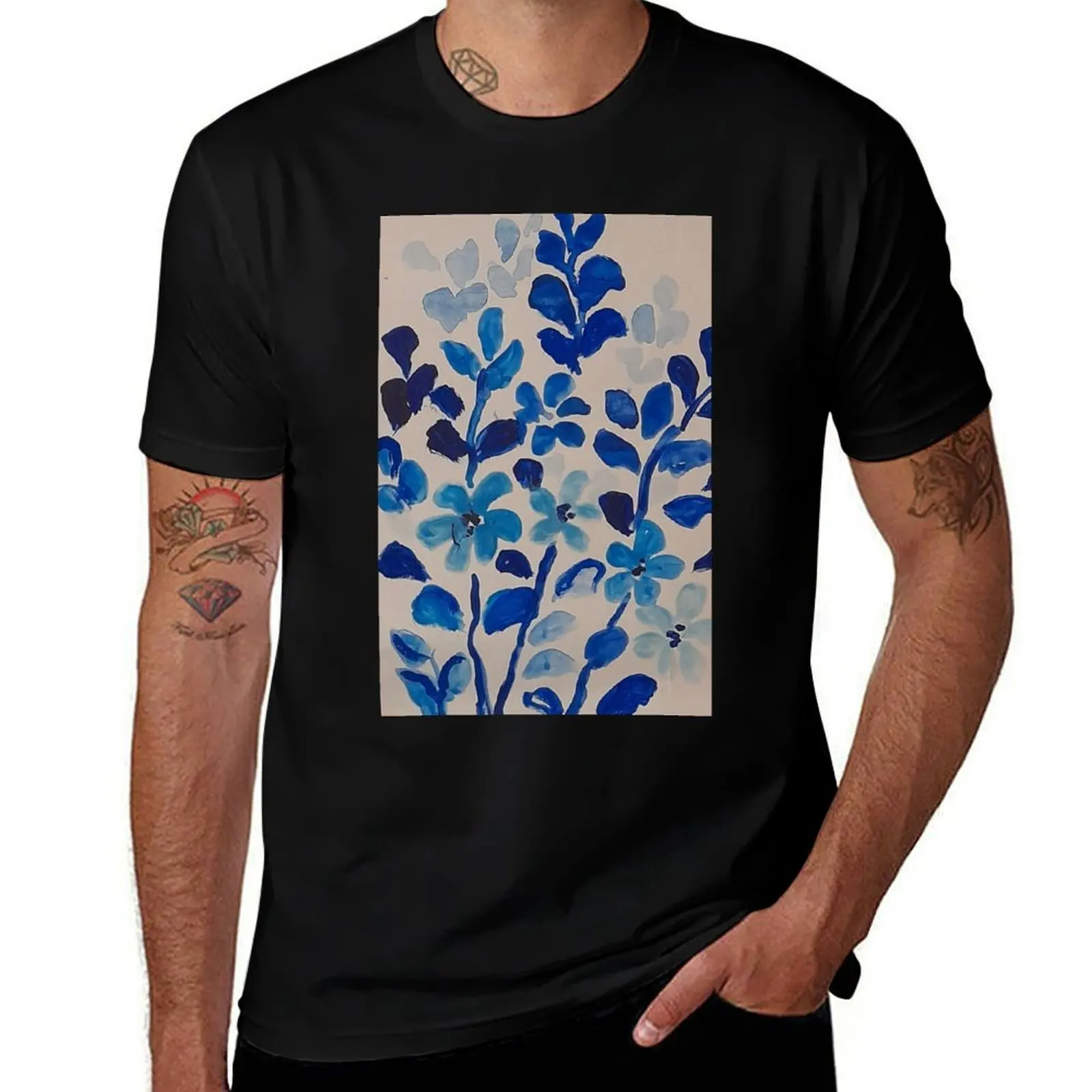Blue flowers T-Shirt Durable Work Wear T-Shirt