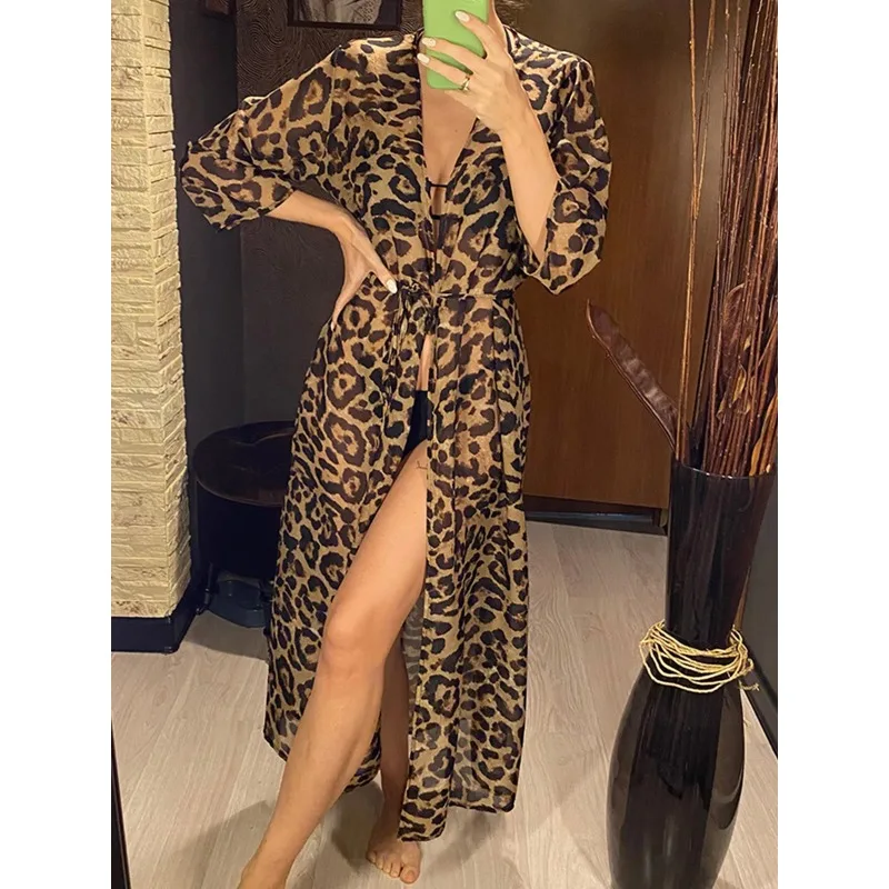 

Сексуальная пляжная накидка с леопардовым принтом, женские свободные шифоновые накидки, купальники, пляжная одежда, летнее женское бикини, тонкий солнцезащитный крем, длинный топ