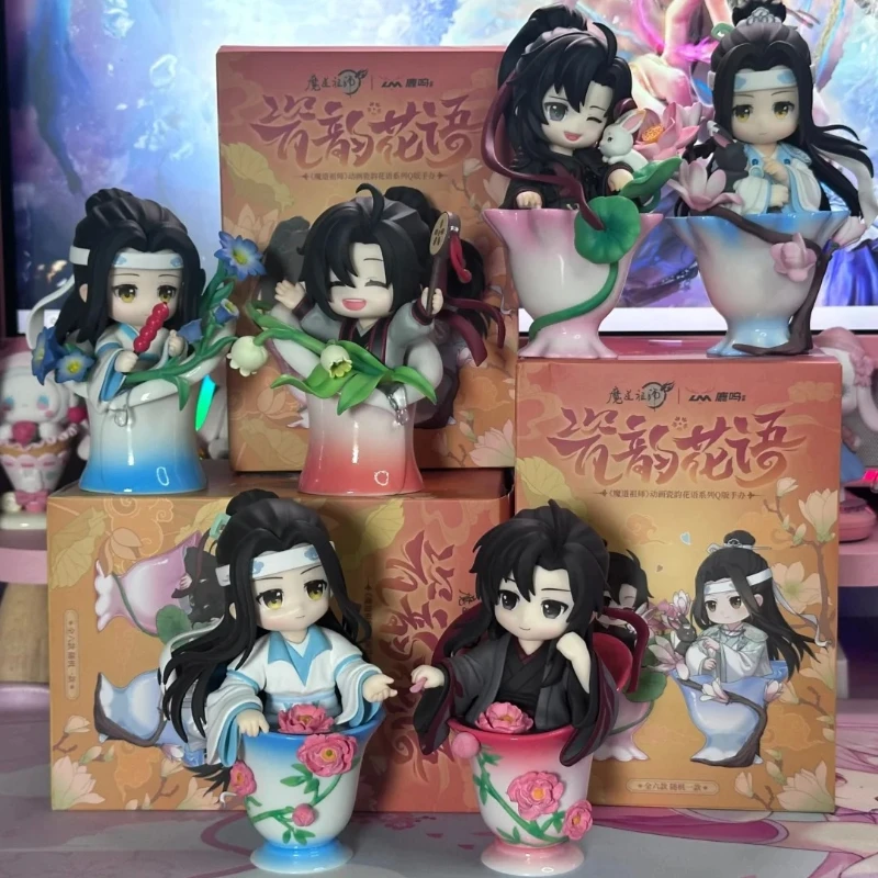Brinquedos genuínos mo dao zu shi porcelana rima flor linguagem série caixa cega wei wuxian estatueta coletar bonecas caixa mistério presente