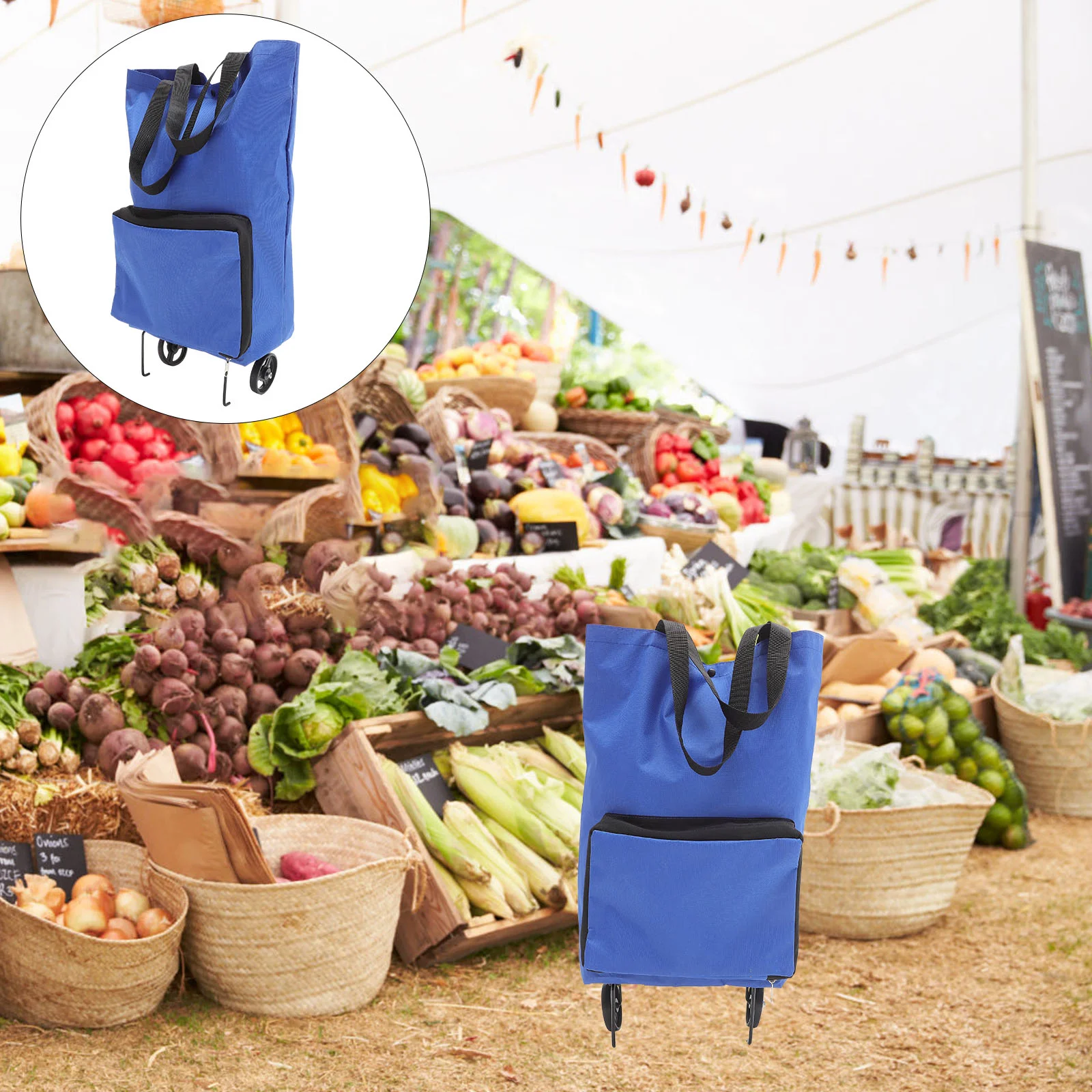 Folding Grocery Bag Tug Wagons Carts Foldable Fruit Basket Wheels Blue Oxford Cloth Travel Wheelbarrow