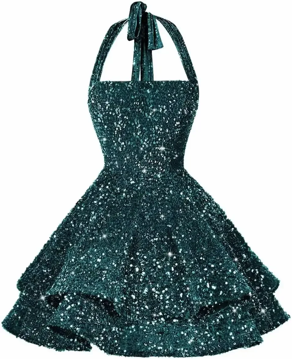 Velvet Sequin Short Homecoming Dress for Teen Sparkly Halter Prom Sweet 16 Dresses Cocktail Dresses Mini Dress Graduation Dress