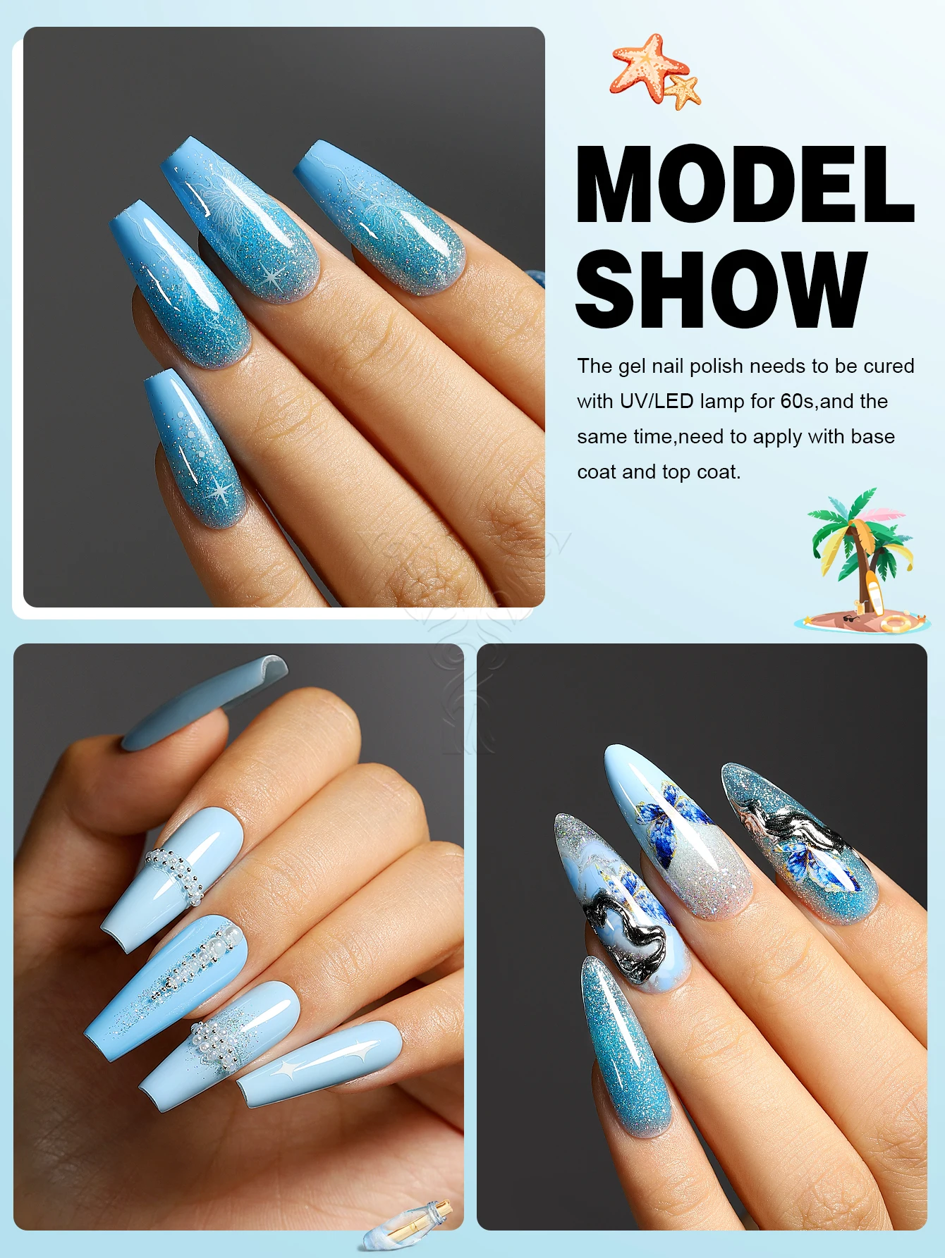 YOKEFELLOW 6 ชิ้นเจลเล็บชุด Top Coat และ Base Coat สีเทา Glitter Blue Gel เล็บชุด UV Soak Off เล็บสําหรับสตรี