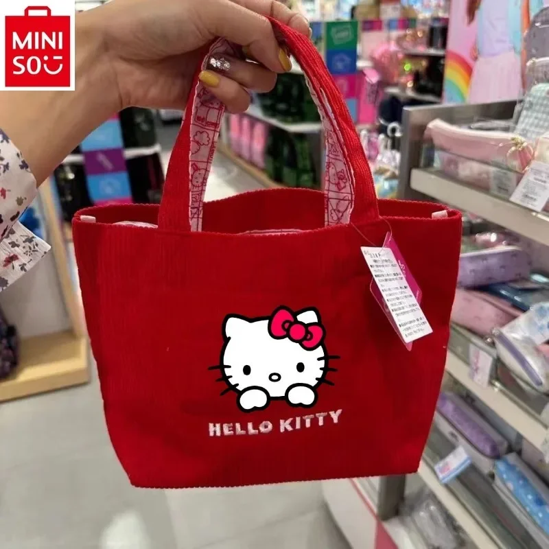 MINISO Sanrio Cartoon Hello Kitty Corduroy Cute Printed Handbag for Students Fashion and Casual Large Capacity Storage Bag