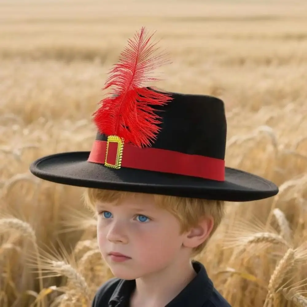 Sombrero de disfraz de mosquetero negro Vintage, sombrero de mago con plumas, sombrero de disfraz de vacaciones, sombreros de copa puesta en escena, sombrero de Cosplay para niños