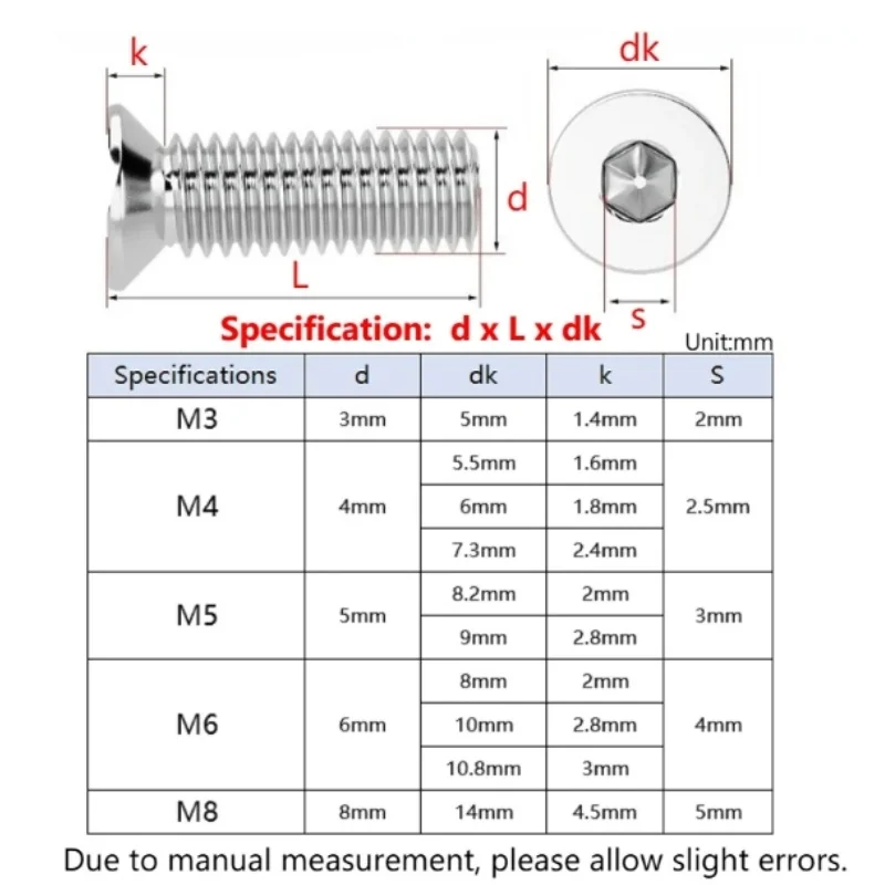 304 A2 Stainless Steel Small Head Diameter Countersunk Head Socket Head Cap Screw M3 M4 M5 M6 M8 Non-Standard Flat Allen Bolts