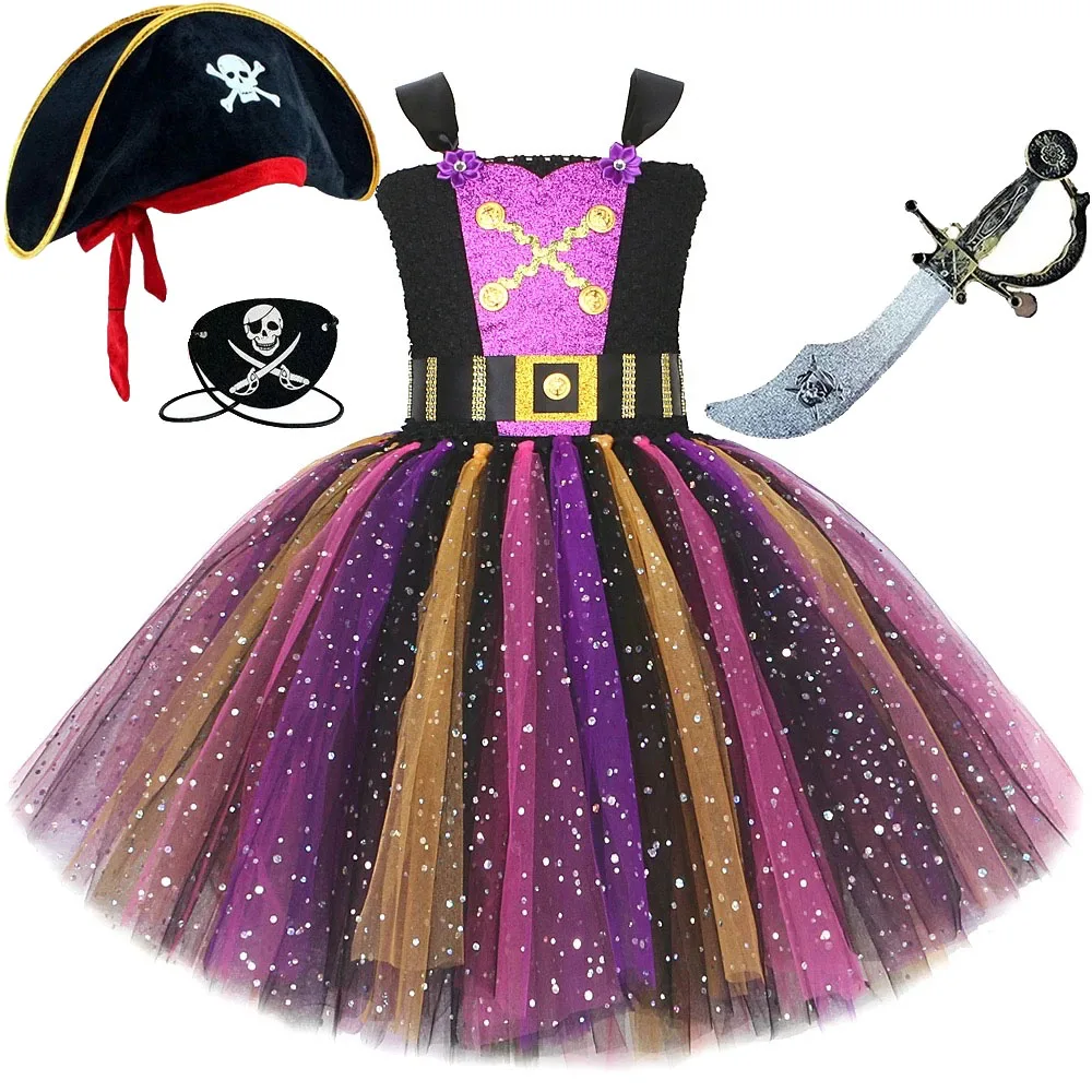 Sparkly Pirate Costume for Girls Halloween Carnival Fancy Tutu Dress Kids Glittery Tulles Outfit with Pirate Hat Eye Patch Sword