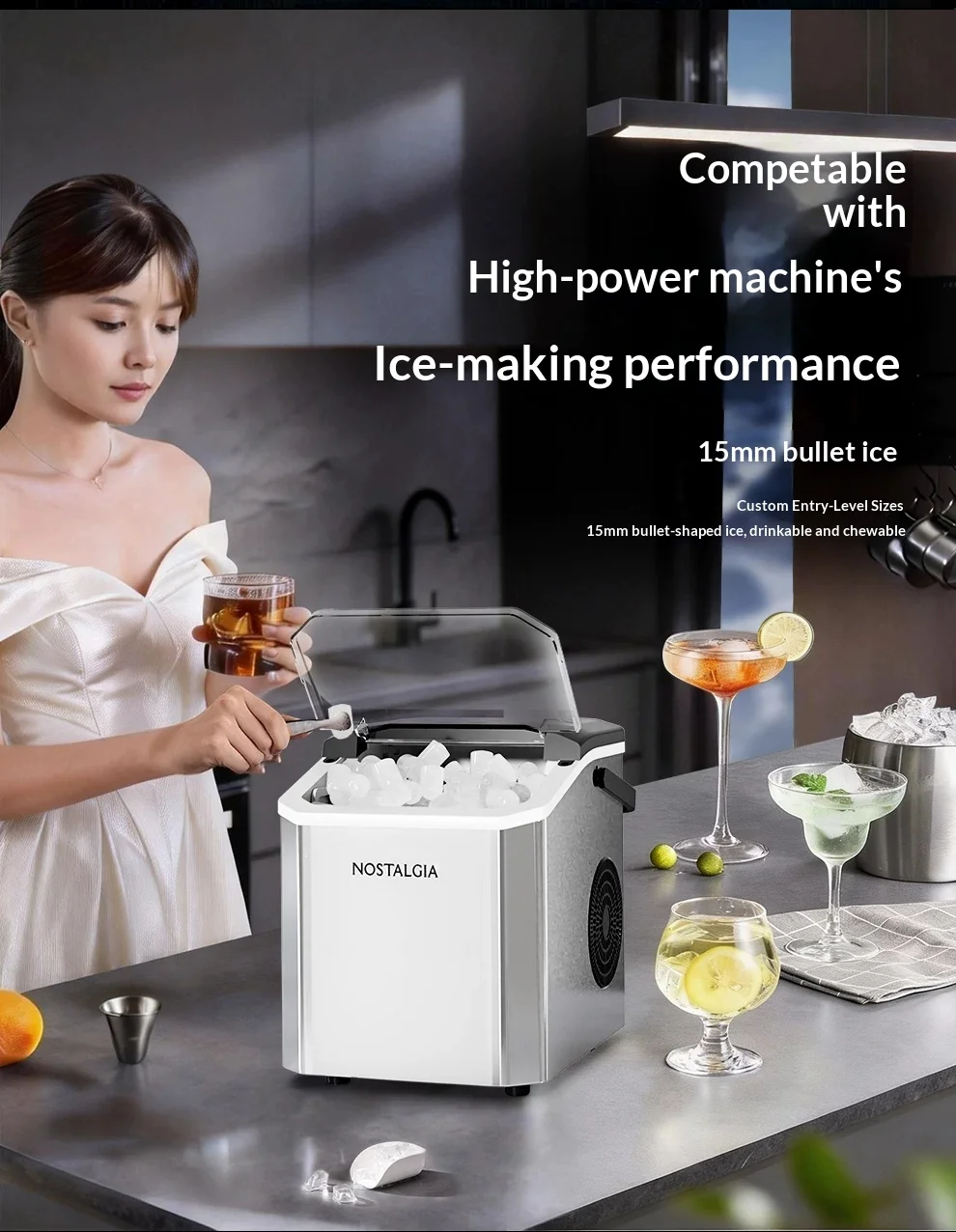 Nostalgia Electrics YH12V Ice Machine Efficient Rapid Cooling Process Desktop Ice Maker Infrared Real-Time Sensor Low Noise Gift