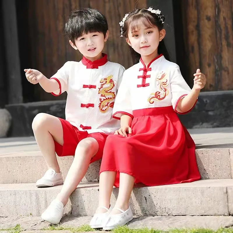 Children Summer New Embroidery Dragon Hanfu Girl And Boy Chinese Style Vintage Button Qipao Dress Performance Role Play Skirt