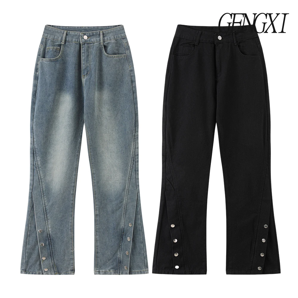 

High street men's micro-flared jeans Straight leg jeans with slit and button design Streetwear loose-fit casual trousers