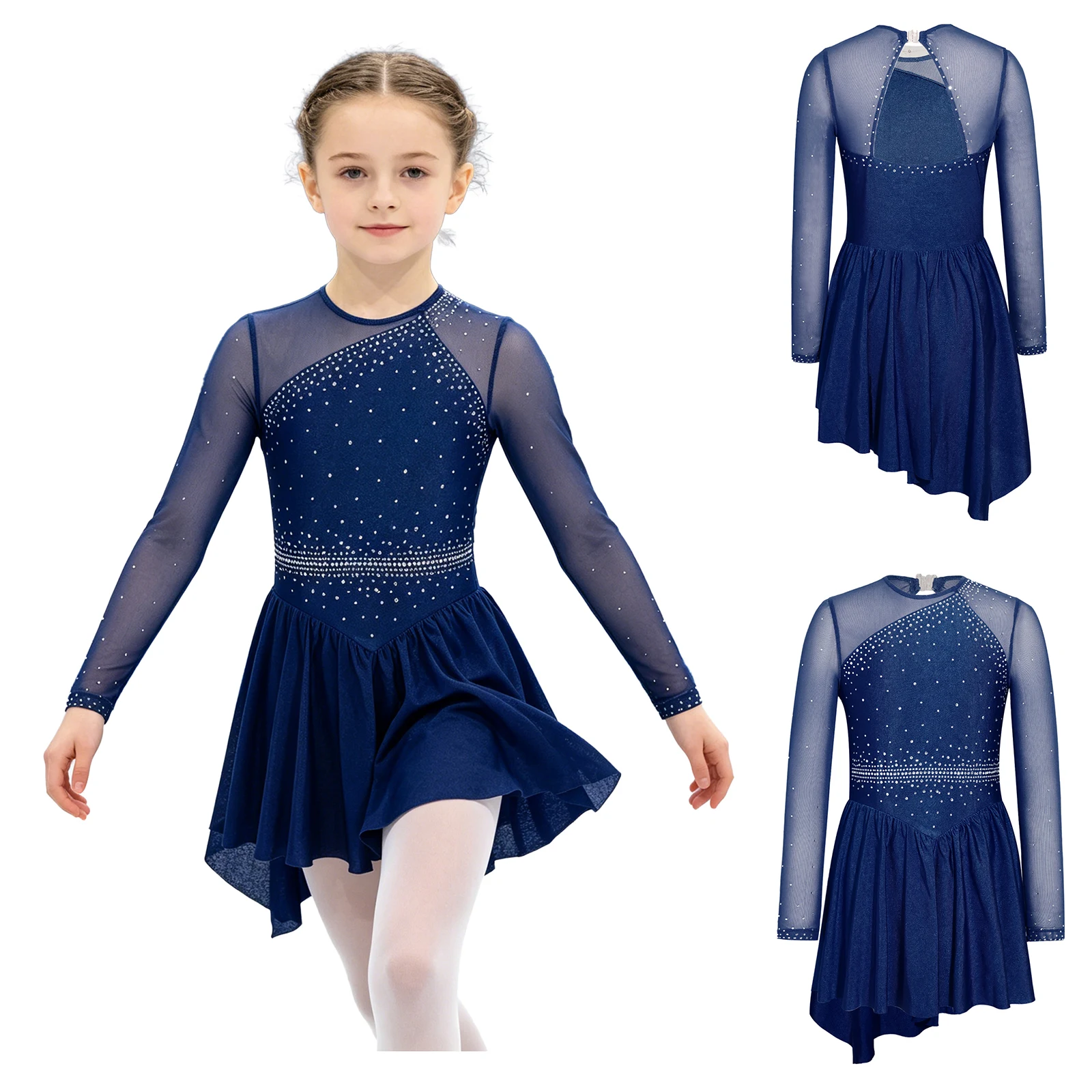 Artistic Figure Skating Performance Peplum Leotard Dresses Kids Girls Acrobatics Gymnastics Rhinestones Ballet Lyrical Dancewear - view 3