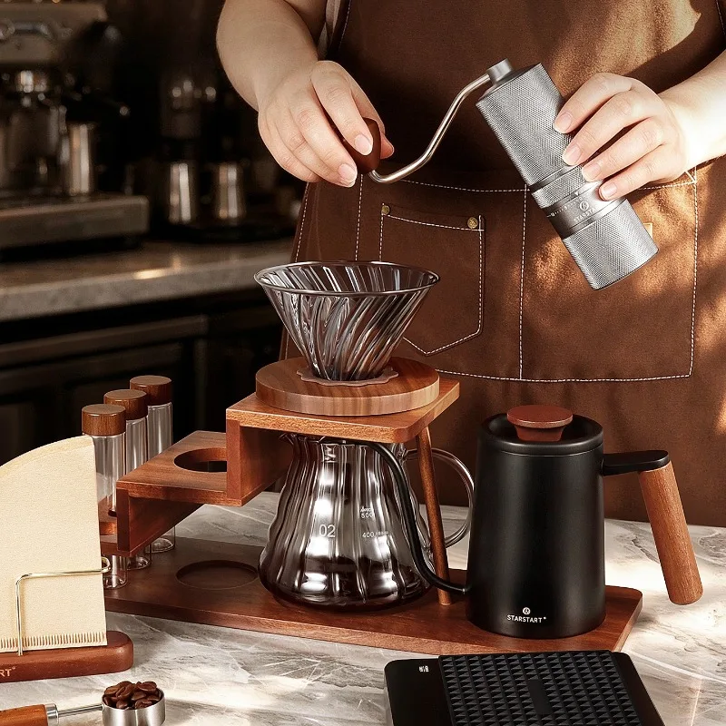 Hand brewed coffee set, hand ground coffee machine, full set of wooden racks.