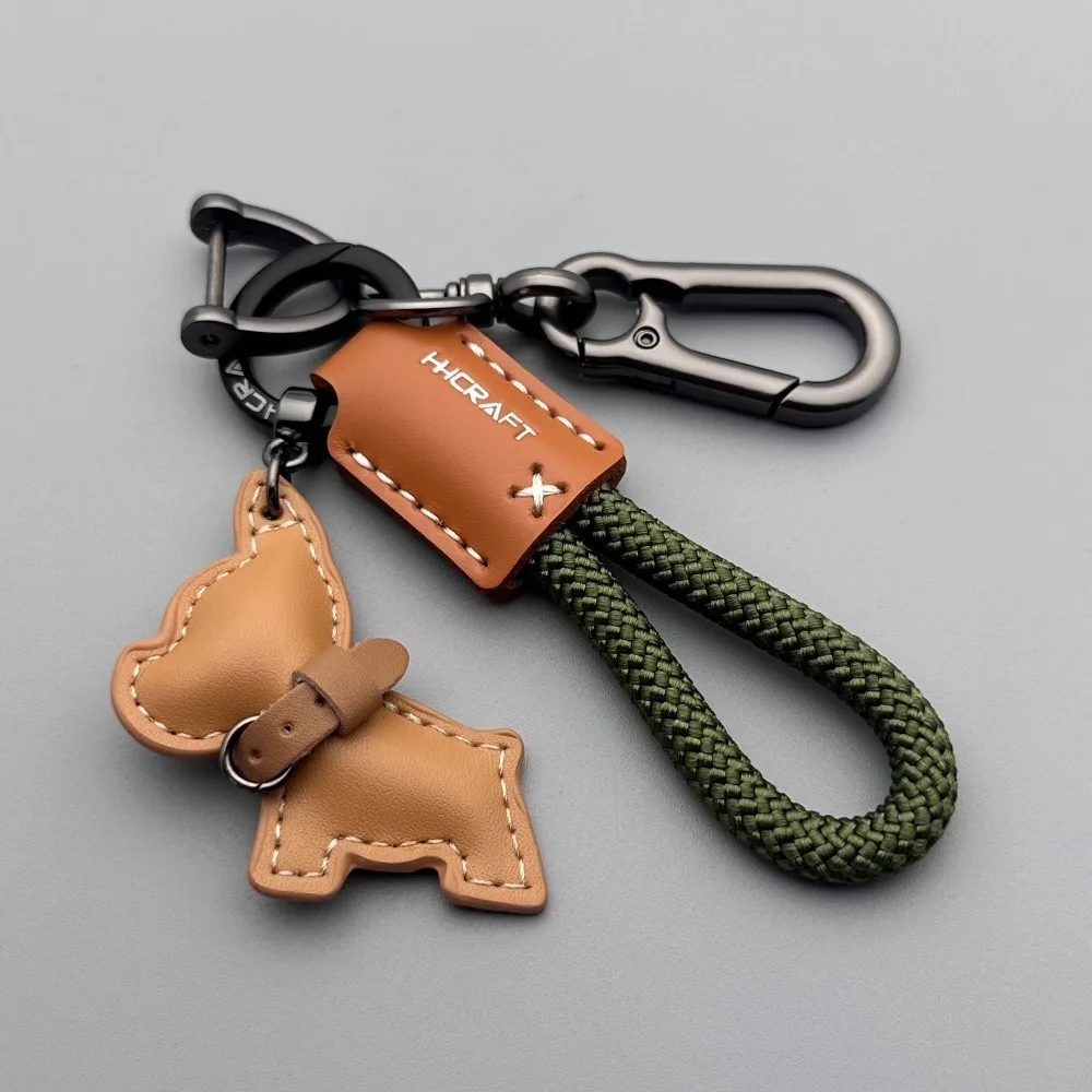 French Bulldog Keychain Handmade Genuine Leather, Braided Rope Key Chain with Anti-Loss Strap for Women Men, Car Key Organize