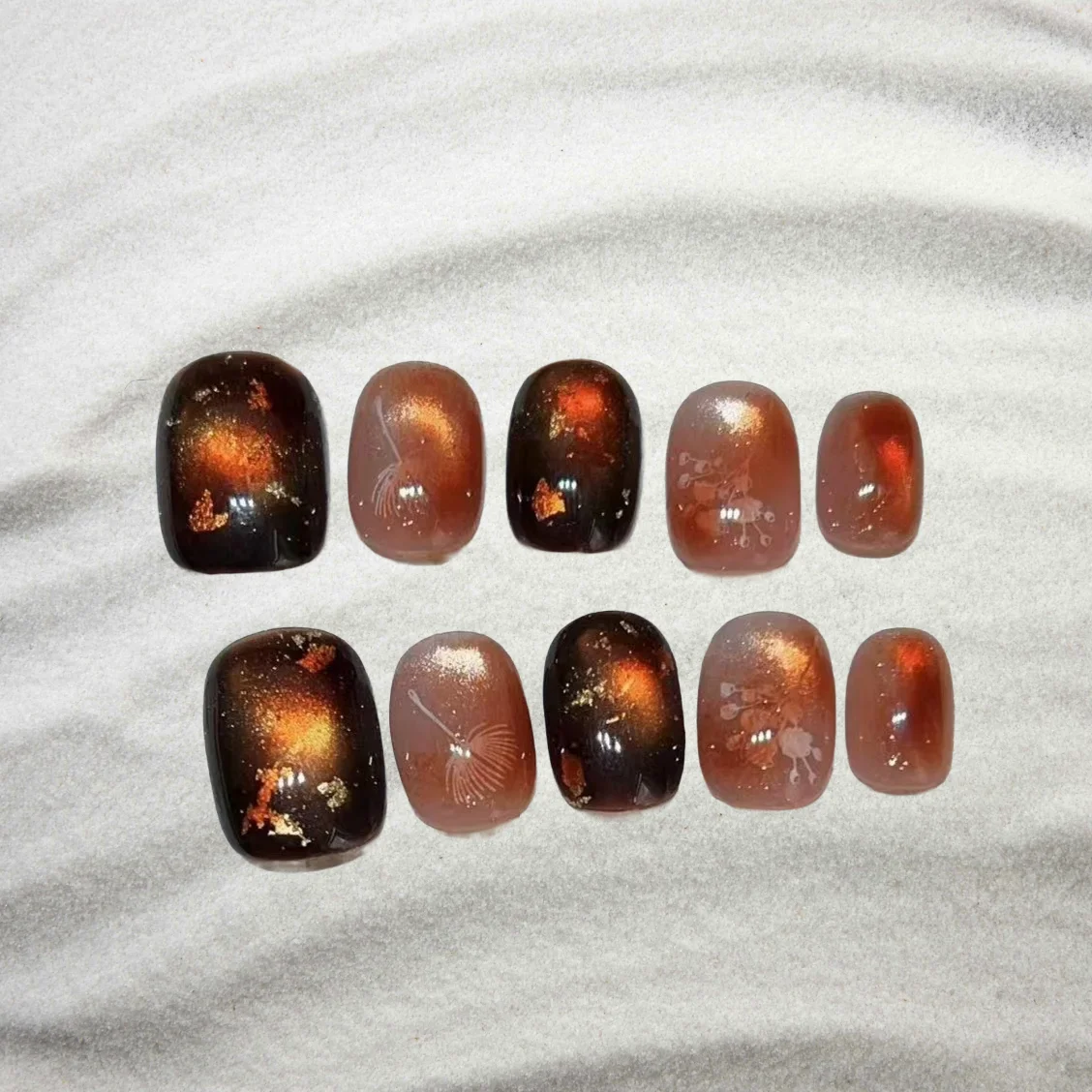 

10pcs Amber Cat Eye Handmade Press on Nails Dandelion Ombre Autumn/Winter Fake Nail For Women&Girl Short Brown False Nail Art