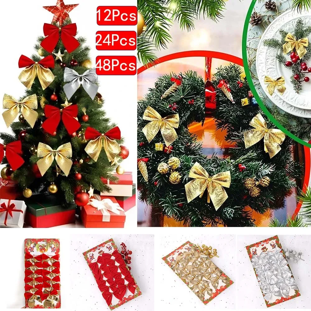 

12Pcs/24Pcs/48Pcs Gold /Red /Silvery Gifts Bowknot Home New Year Holiday Party Decoration Gifts Xmas Product Trees Decorative