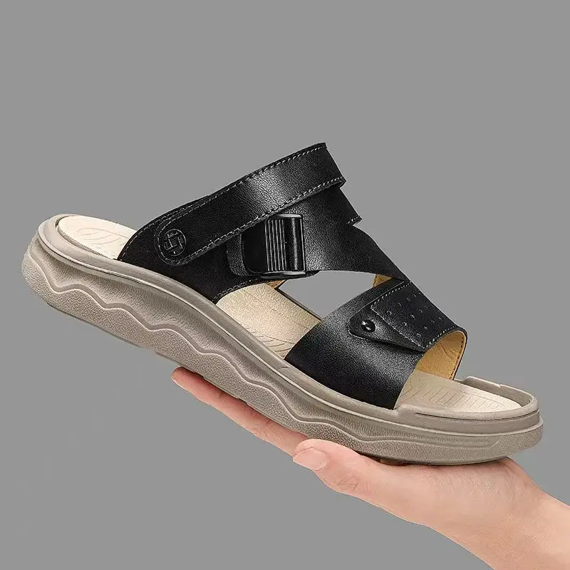 Men PU Leather One Word Dual Purpose Sandals Summer New Thick Sole Non Slip Casual Sports Sandals Outdoor Beach Sandal Slippers