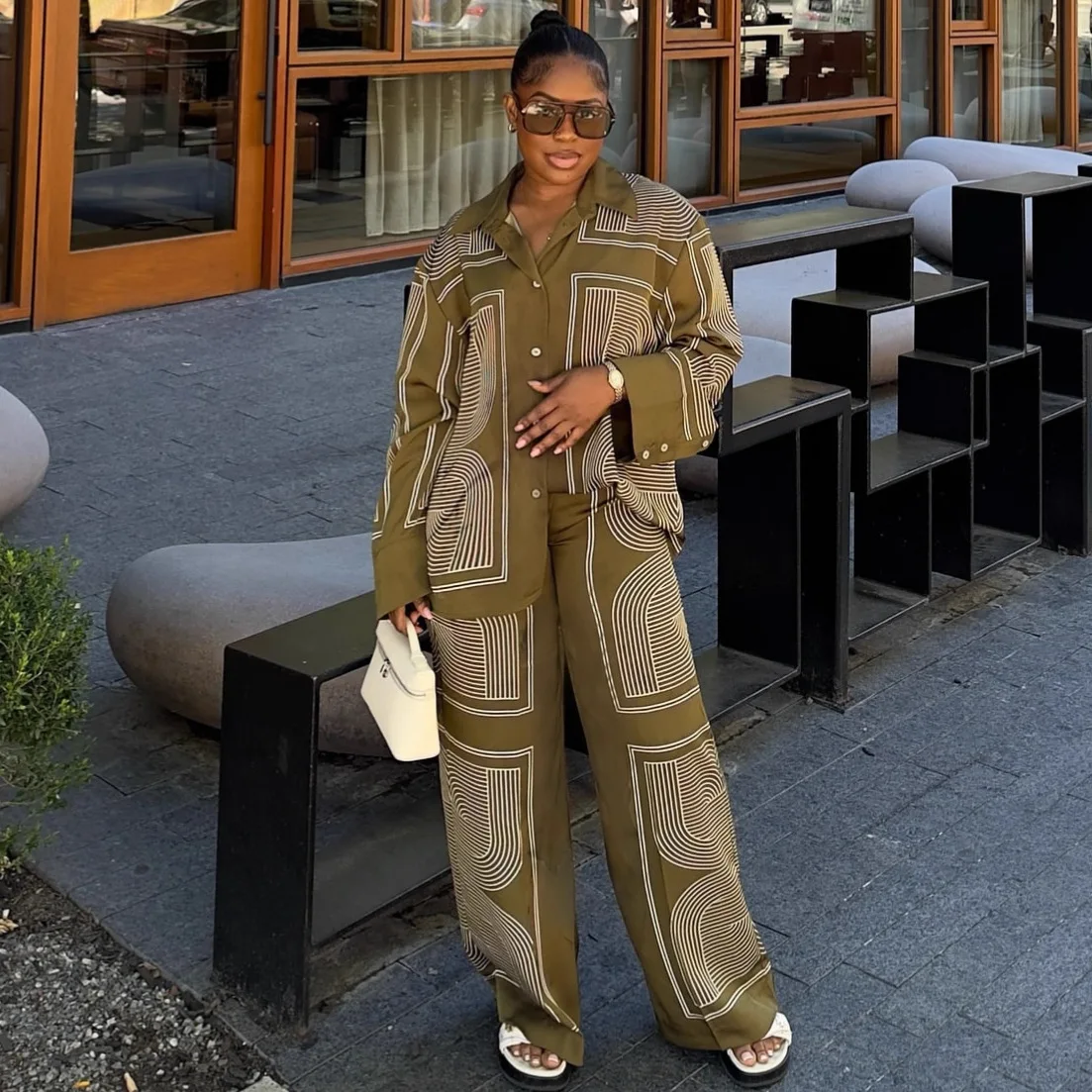 

Two Piece Sets Pant Set Women Turn Down Collar Full Sleeve Print Shirt Tops Wide Leg Long Pants High Waist Y2k Streetwear Work