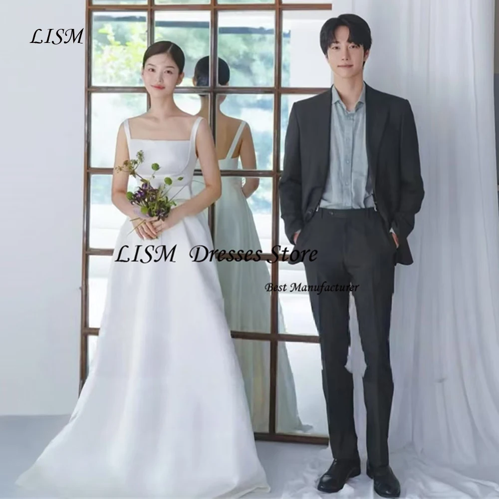 

Lism Simple A Line White Wedding Dresses Customized 2025 Wide Straps Lace Sweep Train Bridal Gowns Formal Robe de mariage