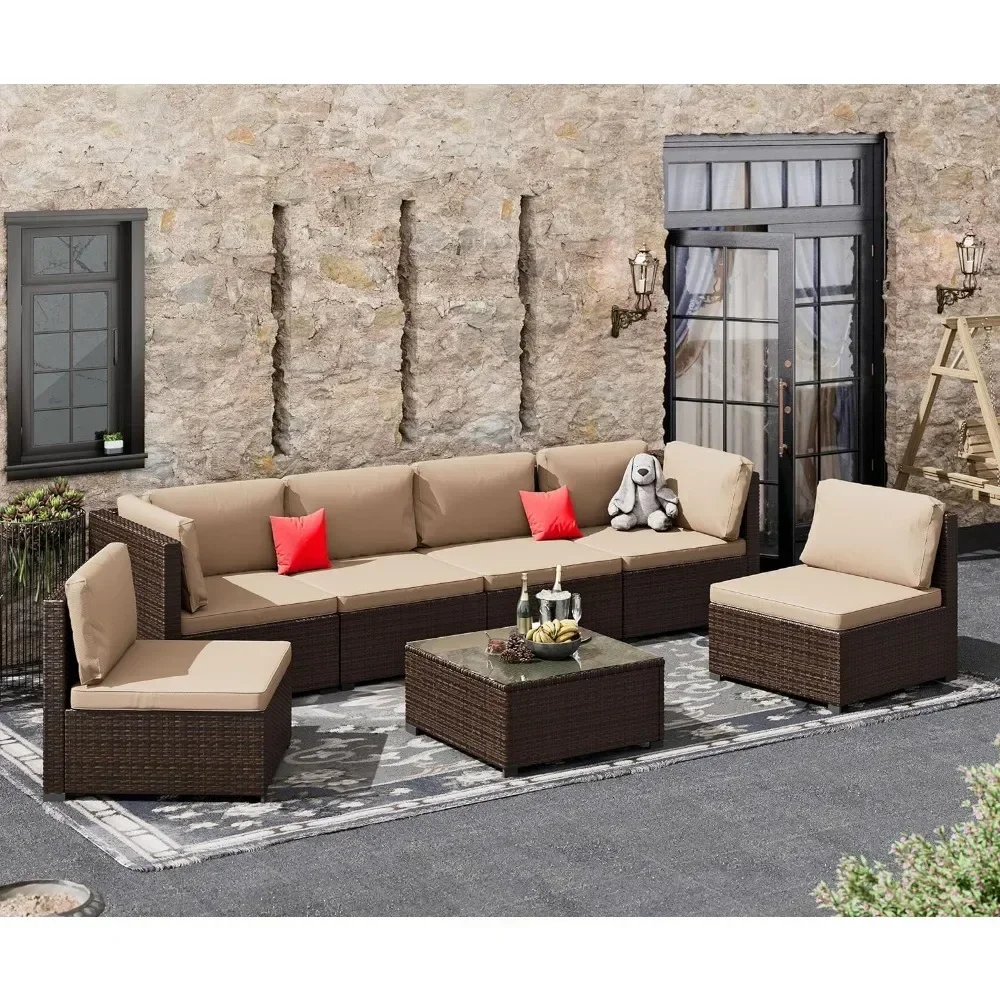 Furniture Set, Outdoor Furniture Patio Sectional Sofa,Weather PE Rattan Outdoor Sectional with Beige Cushion and Glass Table