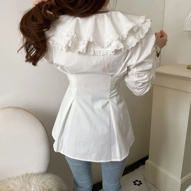 Double Lapel Peter Pan Collar Women\'s Shirt Patchwork Lace Pleated Long Sleeve Korean Blouse Elegant Stylish Office Lady Outfit