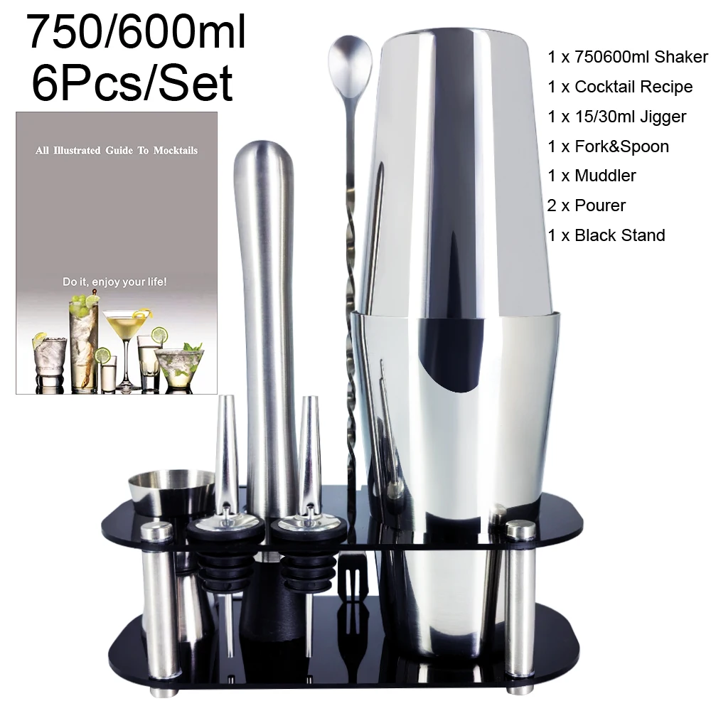 6Pcs/Set Boston Cocktail Shakers with Black Stand Cocktail Recipe, Bartender Kit, 750/600ml(25/20oz) Bartending Bar Shakers