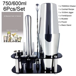 6Pcs/Set Boston Cocktail Shakers with Black Stand Cocktail Recipe, Bartender Kit, 750/600ml(25/20oz) Bartending Bar Shakers