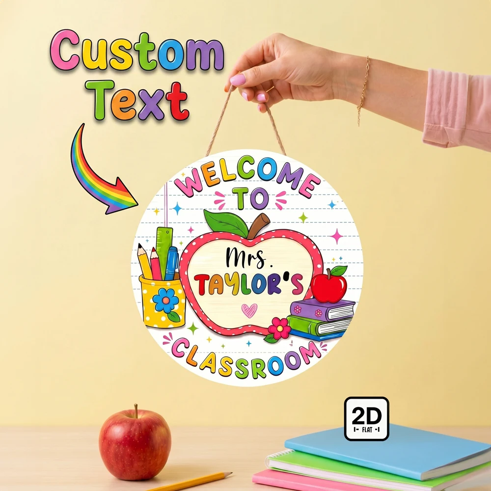 Custom Welcome Classroom Sign,Personalized Teacher Name Door Hanger,Round Wall Plaque,School Classroom Decoration,Teacher Gift