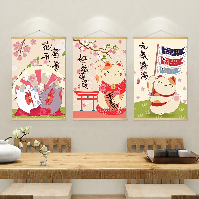 

Japanese Style Hanging Painting, Hanging Cloth Painting, Lucky Cat, Decorative Sushi Restaurant Tapestry, Jujiu House