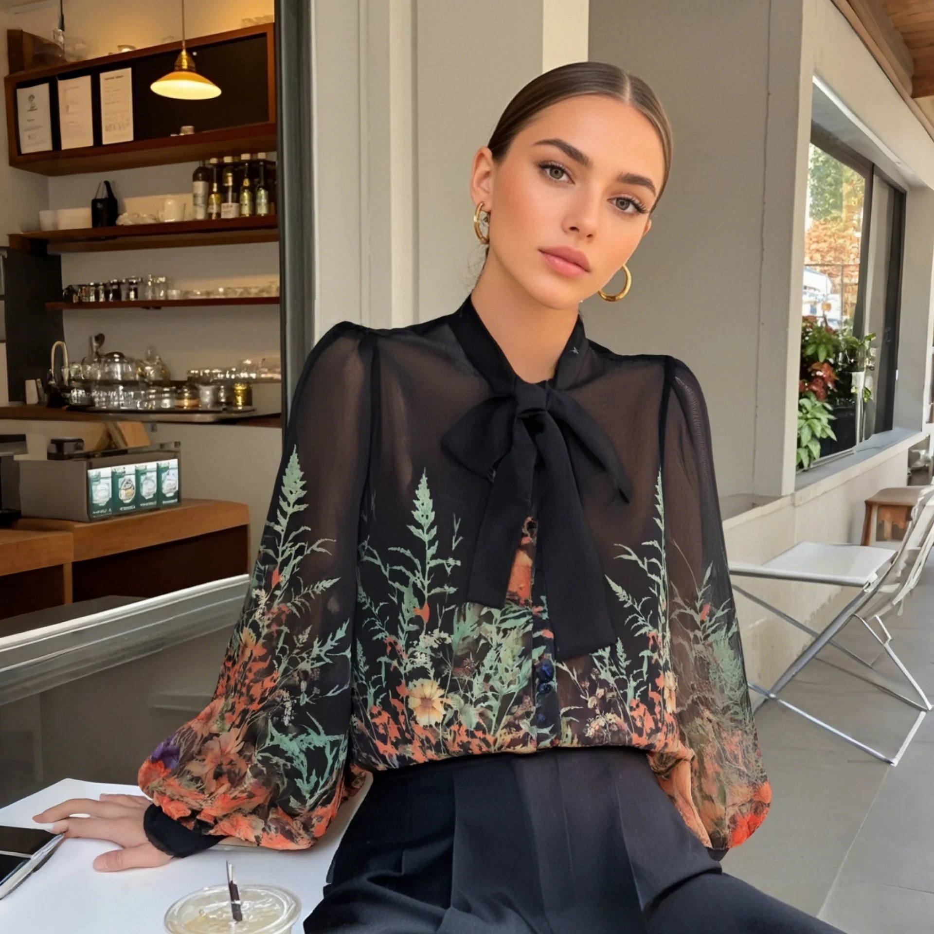 

Ladies Long Sleeve Tie - Neck Blouse with Gradient Floral Print and Puff Sleeves for Spring Summer 2025 Casual and Office Wear