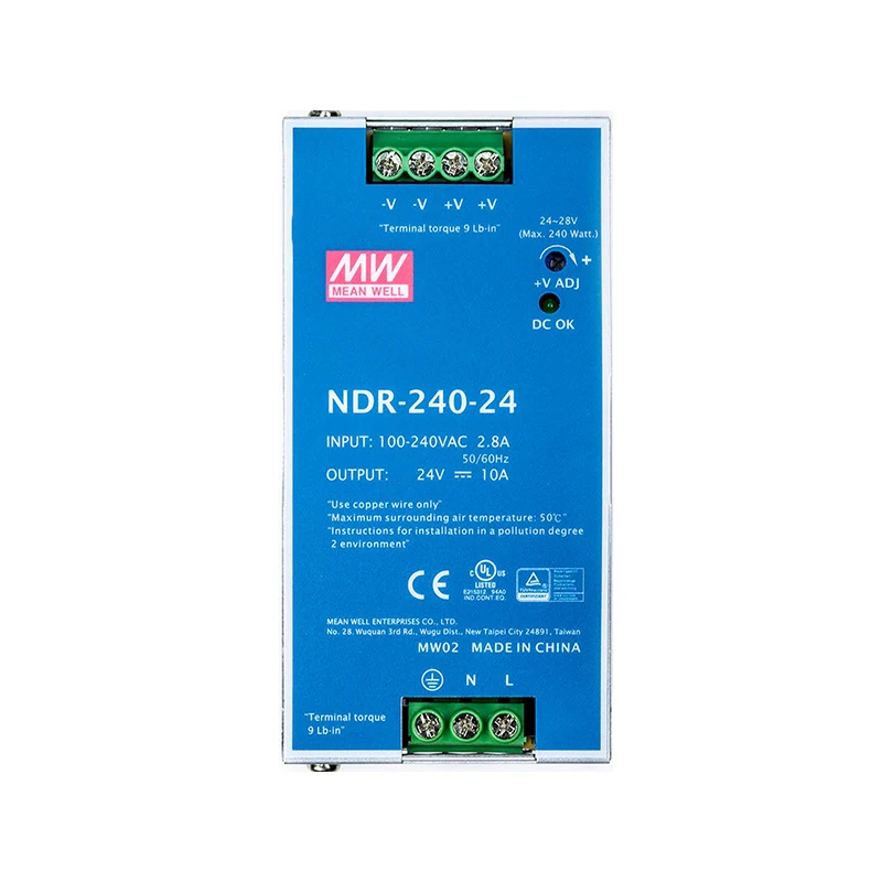 NDR-240-24 AC-DC Single output Industrial DIN rail power supply; Output 24Vdc at 10A; metal case