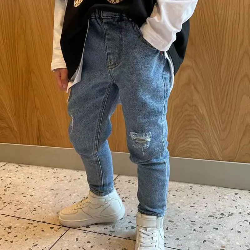 Boys' Ripped Jeans Spring and Autumn Korean Children's Baby Slim Pants  Kids Clothing 90-130cm