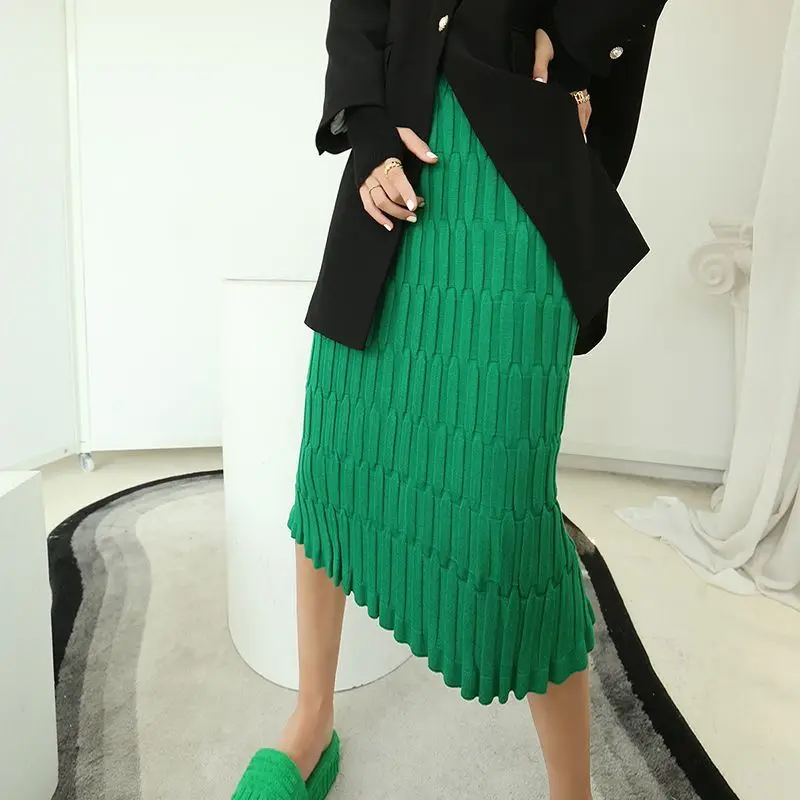 

French Simple and Generous Knitted Skirt for Women with High Waist Elastic and Versatile Temperament Wool Hip-wrapped Skirt