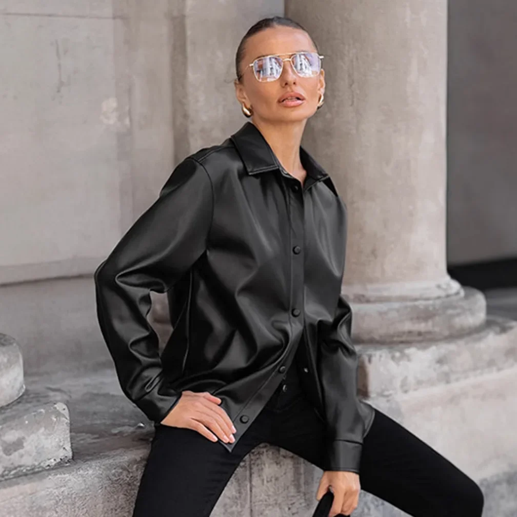 Herbst und Winter Retro schwarze PU-Lederjacke Damen neue High-End-Lederjacke Top mittlere und lange Damenbekleidung