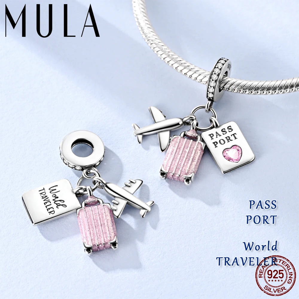 Mula, gran oferta, maleta rosa de plata 925, colgante para pasaporte de avión, compatible con pulsera de cadena de serpiente Original, regalo de joyería DIY para mujer